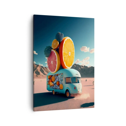Impression sur toile - Image sur toile - Camion de fruits dans un paysage désertique - 50x70cm - Le goût des vacances - Décoration murale moderne pour le salon et la chambre ARTTOR