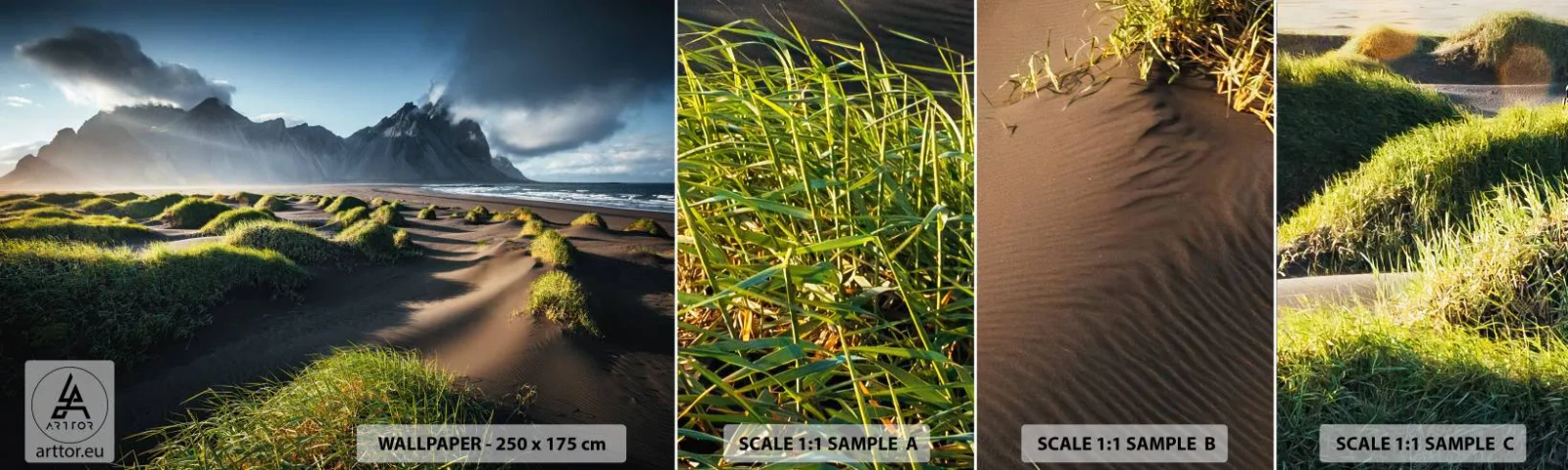 Échantillon de Papier Peint Autocollant Deluxe Sticker - Harmonie des éléments - Paysage, Islande, Montagnes - 100x30 cm