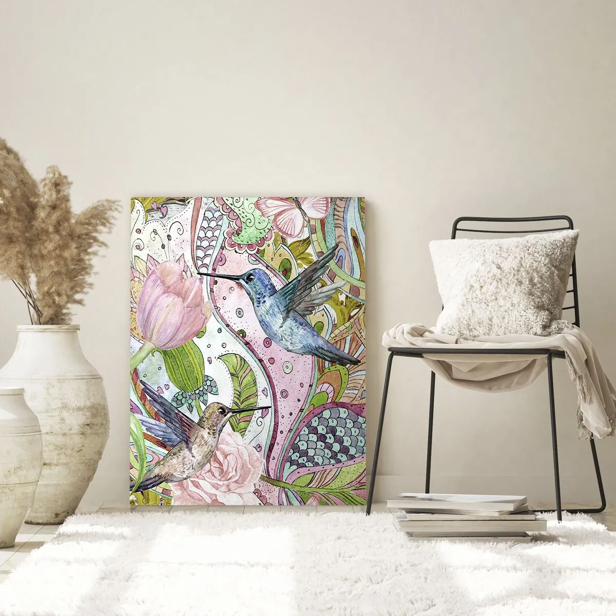 Impression sur verre - Image sur verre - Colibris colorés parmi les fleurs et les papillons - 50x70cm - Empêtré dans les vignes - Décoration murale moderne pour le salon et la chambre ARTTOR