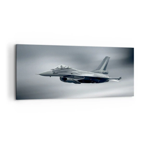 Impression sur toile - Image sur toile - Un avion de chasse en vol contre un ciel nuageux - 120x50cm - Acceptez-vous le défi? - Décoration murale moderne pour le salon et la chambre ARTTOR