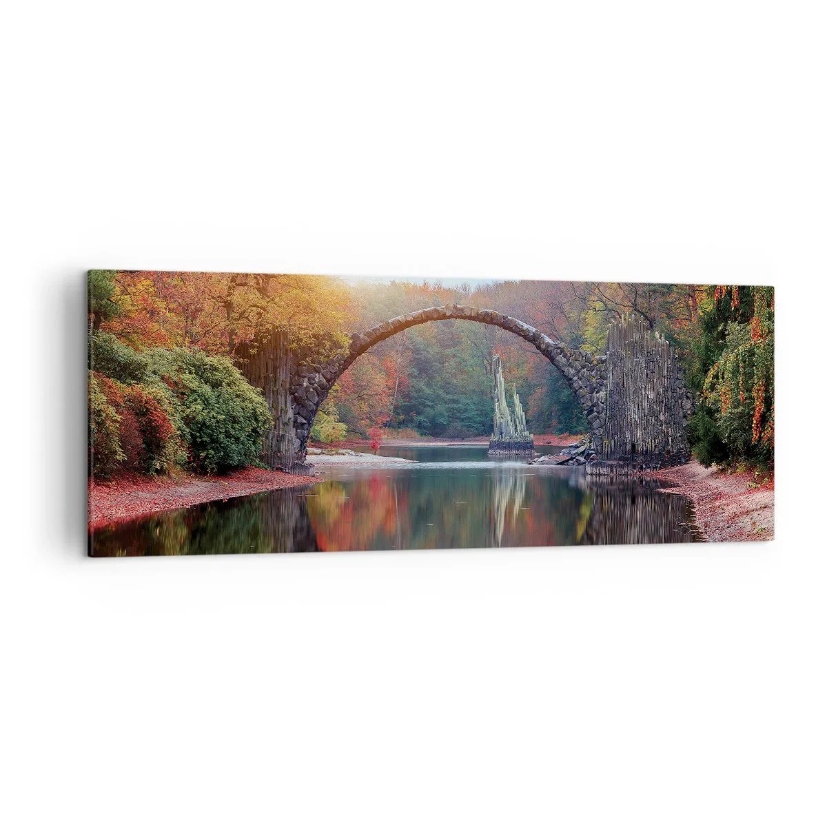Impression sur toile - Image sur toile - Un pont de pierre dans un paysage d'automne sur une eau calme - 140x50cm - De l'autre cote du miroir - Décoration murale moderne pour le salon et la chambre ARTTOR