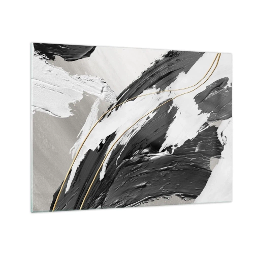 Impression sur verre - Image sur verre - Traits dynamiques en noir et blanc avec une touche dorée - 70x50cm - L'abstraction à grande échelle - Décoration murale moderne pour le salon et la chambre ARTTOR