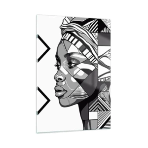 Impression sur verre - Image sur verre - Portrait ethnique noir et blanc d'une femme aux motifs géométriques - 50x70cm - Portrait ethnique - Décoration murale moderne pour le salon et la chambre ARTTOR