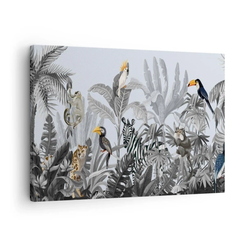 Impression sur toile - Image sur toile - Jungle tropicale avec des animaux exotiques sur fond gris - 70x50cm - Conte de fées africain - Décoration murale moderne pour le salon et la chambre ARTTOR