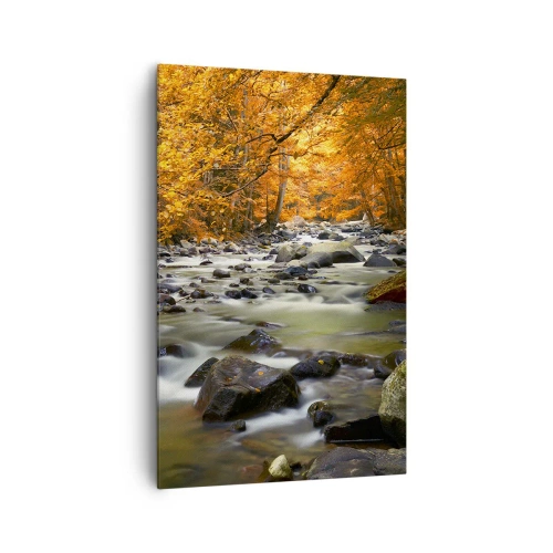 Impression sur toile - Image sur toile - Un ruisseau dans une forêt d'automne entouré de feuilles dorées - 80x120cm - Un ruisseau dans une forêt dorée - Décoration murale moderne pour le salon et la chambre ARTTOR
