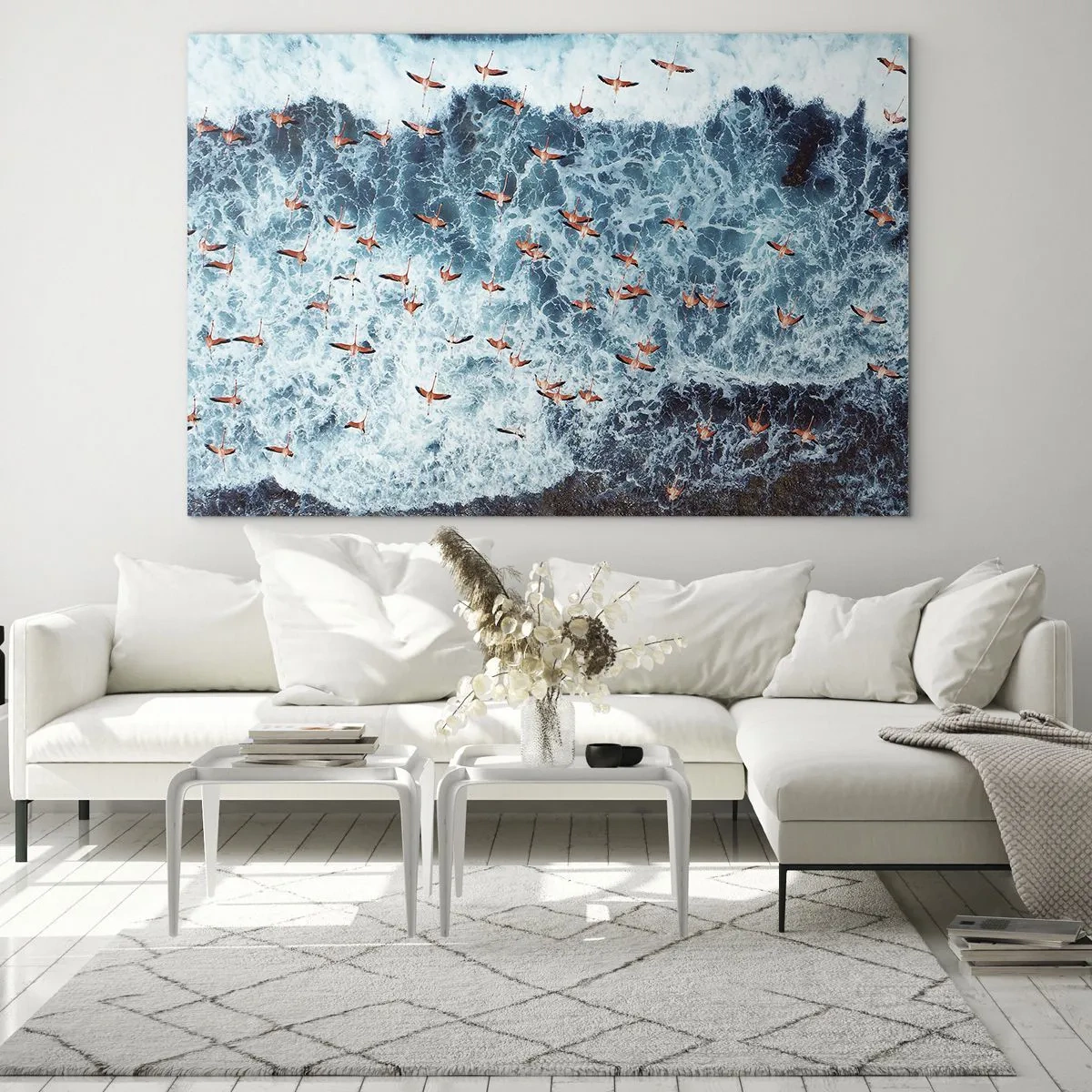 Impression sur verre - Image sur verre - Flamants roses au-dessus des vagues agitées de l'océan - 120x80cm - Défilé du bord de mer - Décoration murale moderne pour le salon et la chambre ARTTOR