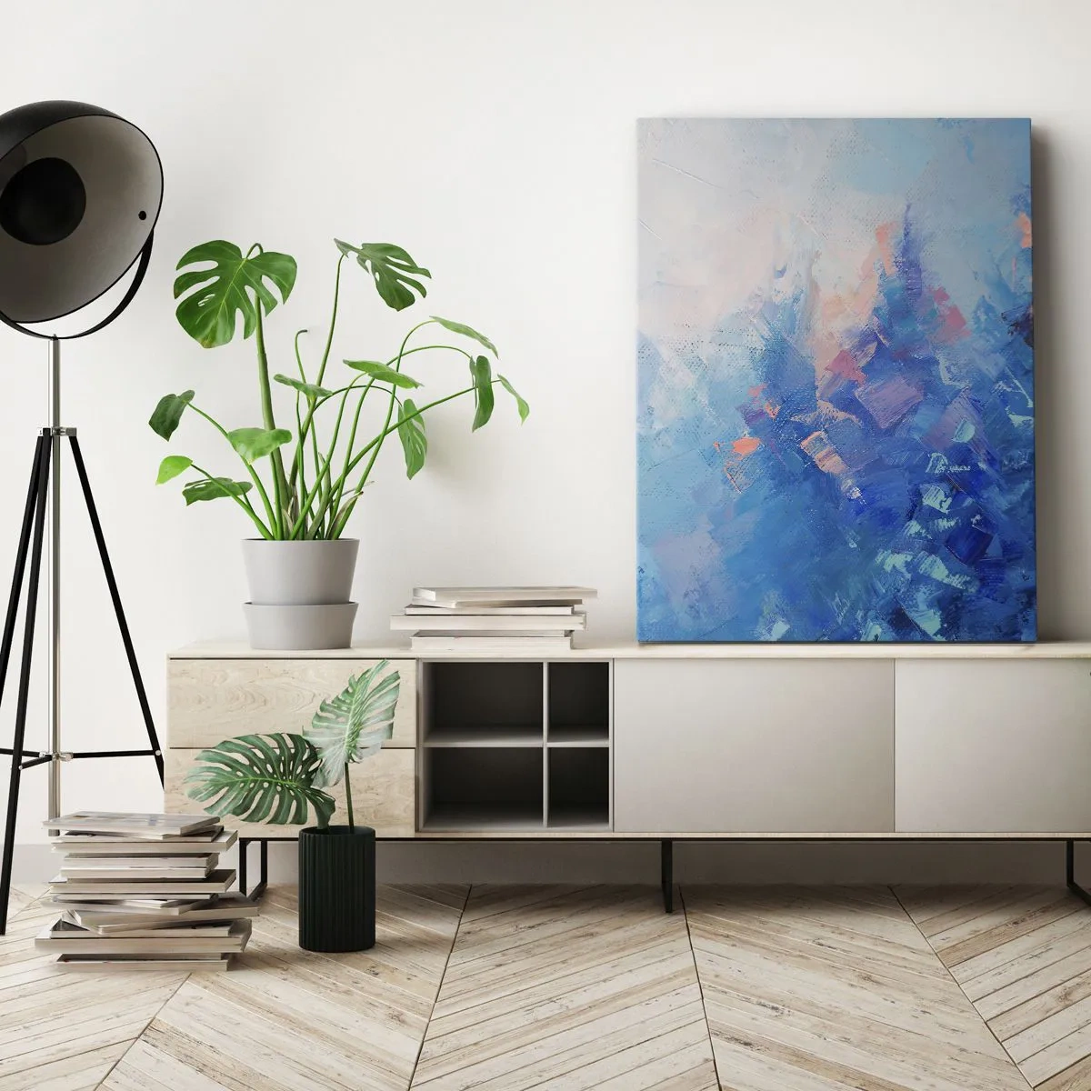 Impression sur toile - Image sur toile - Composition abstraite dans les tons de bleu et de rose - 50x70cm - Abstraction hivernale - Décoration murale moderne pour le salon et la chambre ARTTOR