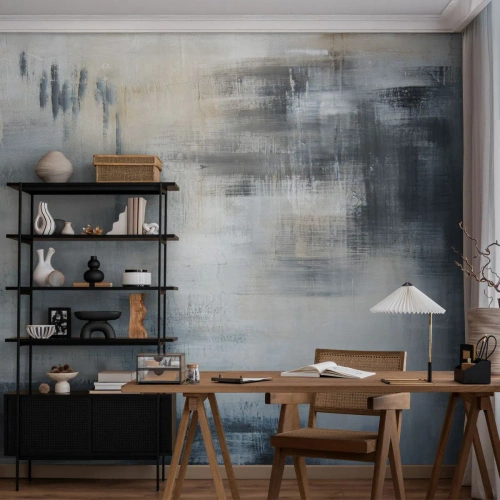Papier Peint Photo Premium Canvas - Composition abstraite dans les tons de bleu et de gris - 100x70cm - Derrière le rideau bleu - Décoration murale moderne pour le salon et la chambre ARTTOR