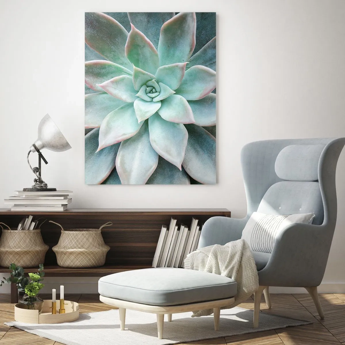 Impression sur verre - Image sur verre - Feuilles succulentes sèches avec une délicate teinte gris-vert - 50x70cm - Le coeur du désert - Décoration murale moderne pour le salon et la chambre ARTTOR