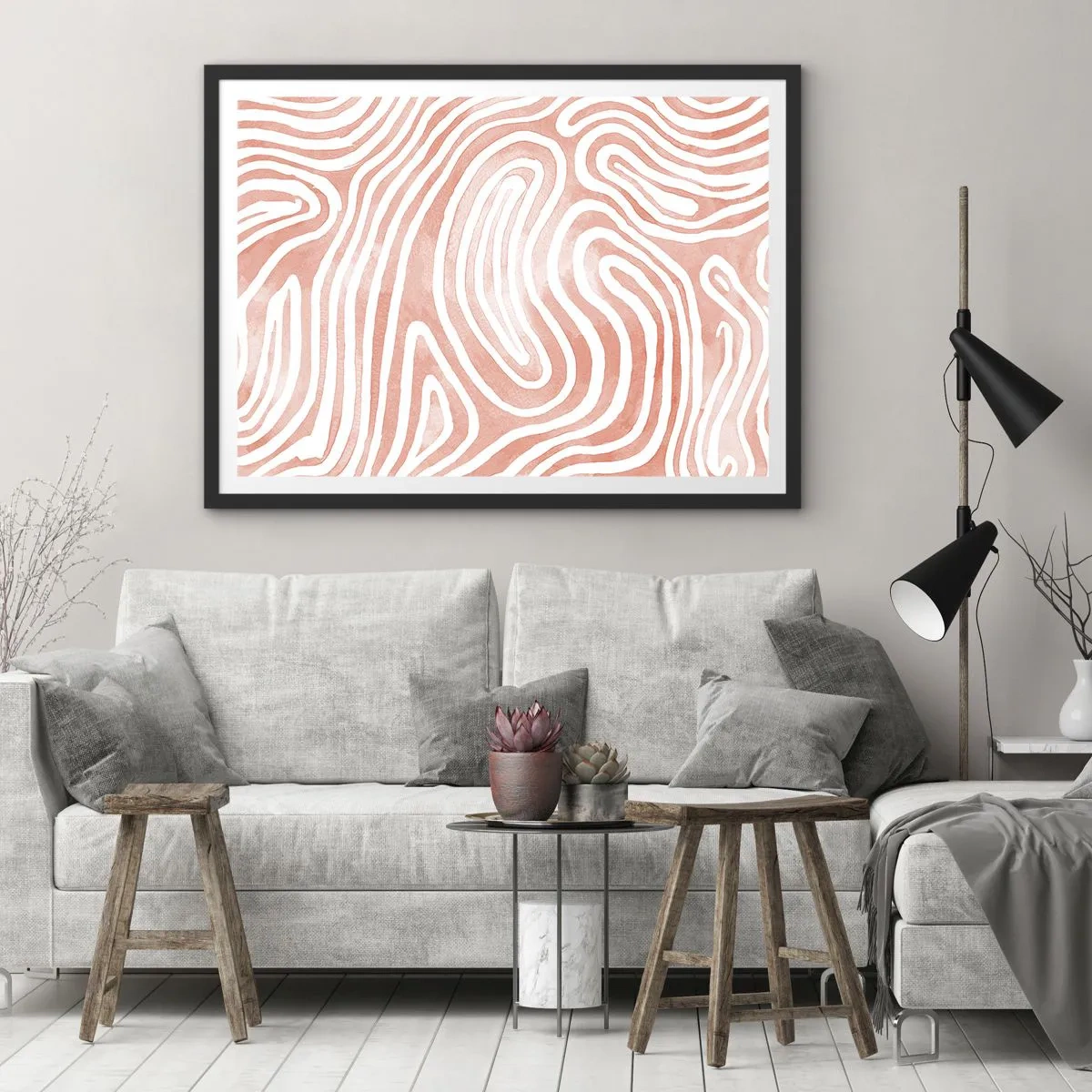 Affiche dans un cadre noir - Poster - Motif abstrait dans les tons de rose et de blanc - 70x50cm - Dans le labyrinthe de corail - Décoration murale moderne pour le salon et la chambre ARTTOR