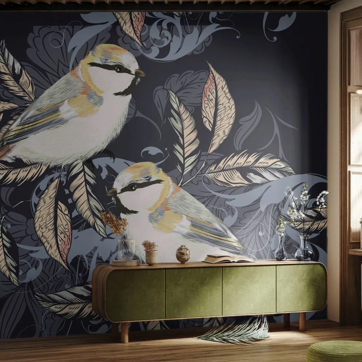 Papier Peint Photo Premium Canvas - Babillement jaune et bleu - Abstraction, Des oiseaux, Feuilles - 200x140 cm