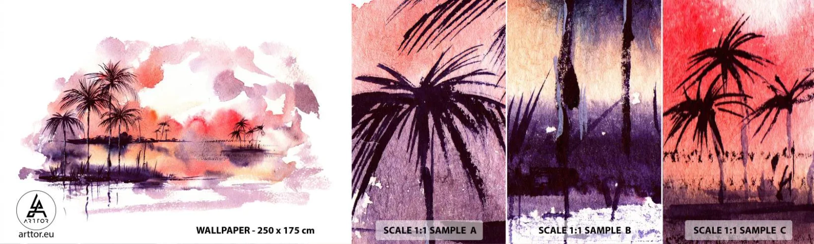 Échantillon De Papier Peint Standard Eco - La tranquillité des tropiques en rouge - Paysage, Cocotier, Graphique - 100x30 cm