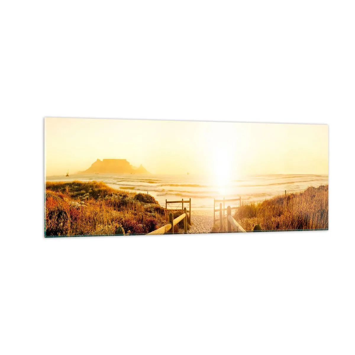 Impression sur verre - Image sur verre - Chemin vers la plage pendant un coucher de soleil doré - 140x50cm - A travers la dune, vers le soleil - Décoration murale moderne pour le salon et la chambre ARTTOR