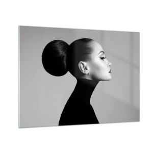 Impression sur verre - Image sur verre - Femme élégante en noir sur fond gris - 70x50cm - Néfertiti moderne - Décoration murale moderne pour le salon et la chambre ARTTOR