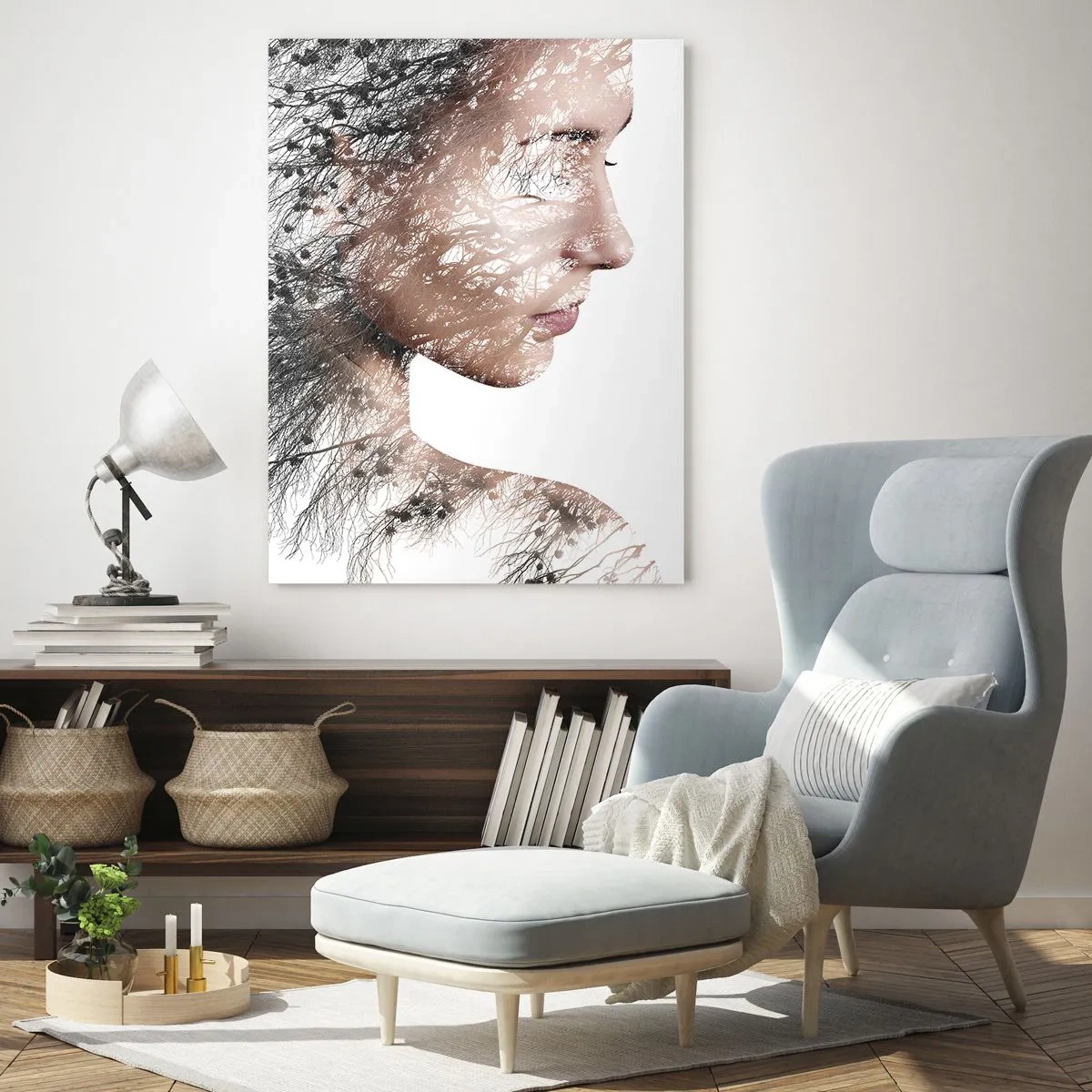 Impression sur verre - Image sur verre - Silhouette d'une femme avec un motif de branche et d'oiseau en arrière-plan - 70x100cm - L'âme de la forêt - Décoration murale moderne pour le salon et la chambre ARTTOR