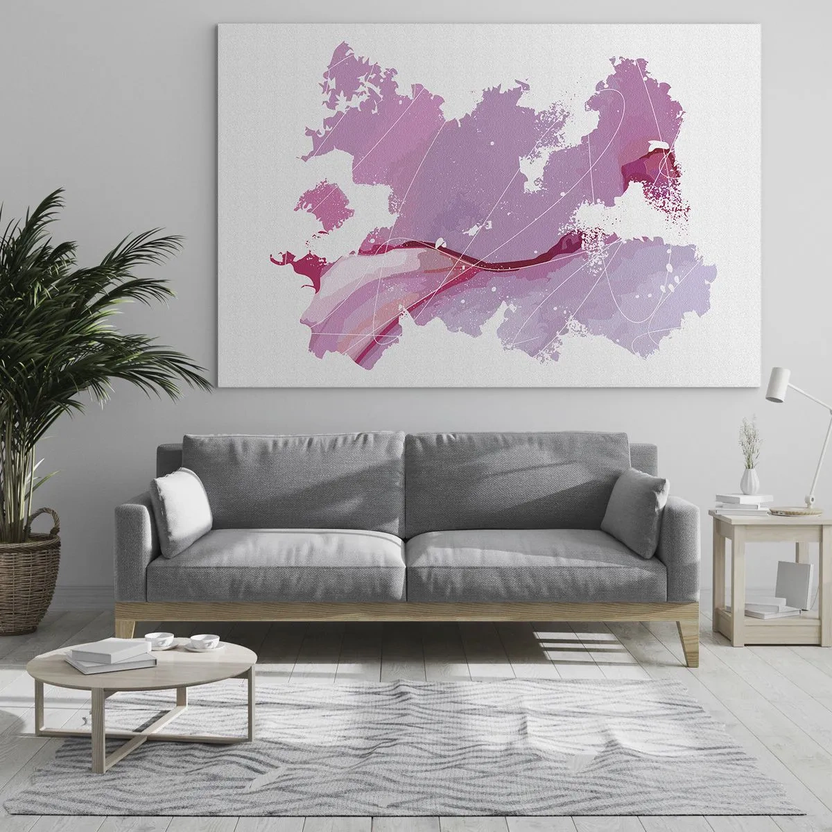 Impression sur verre - Image sur verre - Carte abstraite dans les tons de rose et de violet sur fond blanc - 70x50cm - Carte du monde rose - Décoration murale moderne pour le salon et la chambre ARTTOR