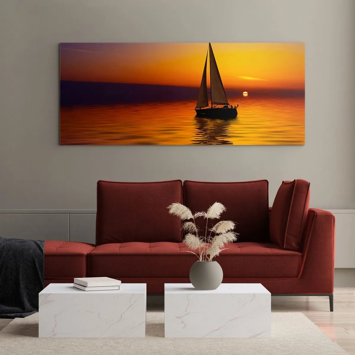Impression sur verre - Image sur verre - Un voilier sur une mer calme au coucher du soleil - 160x50cm - Comme c'est calme au crépuscule… - Décoration murale moderne pour le salon et la chambre ARTTOR