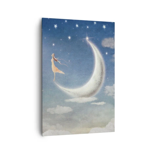 Impression sur toile - Image sur toile - Une femme dans la lune entourée d'étoiles et de nuages - 70x100cm - Valise bleue - Décoration murale moderne pour le salon et la chambre ARTTOR