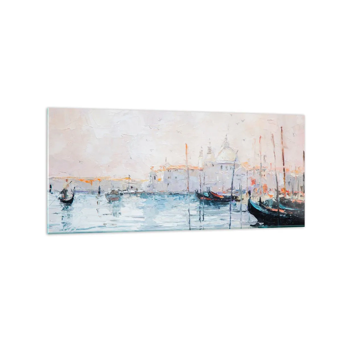 Impression sur verre - Image sur verre - Vue pittoresque des canaux avec des bateaux aux couleurs pastel - 120x50cm - Derrière l'eau, derrière le brouillard - Décoration murale moderne pour le salon et la chambre ARTTOR