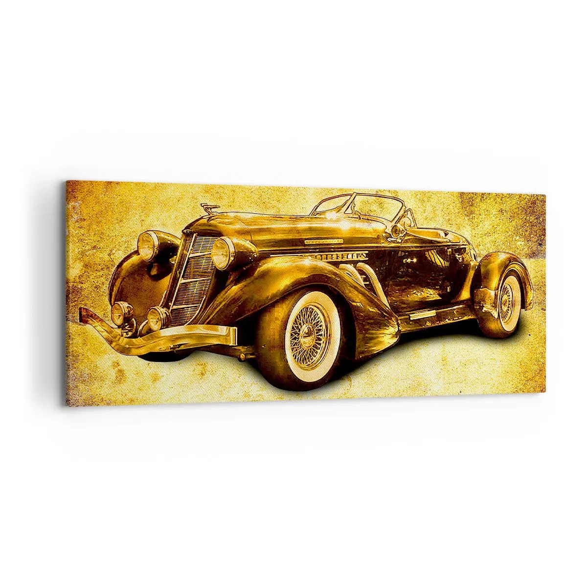 Impression sur toile - Image sur toile - Un cabriolet rétro doré classique sur un fond vintage aux couleurs chaudes. - 120x50cm - L'élite de l'élite - Décoration murale moderne pour le salon et la chambre ARTTOR