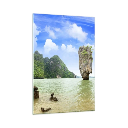 Impression sur verre - Image sur verre - Une formation rocheuse exotique entourée d'eau et de verdure sous un ciel bleu. - 80x120cm - Merveilles rocheuses de la nature - Décoration murale moderne pour le salon et la chambre ARTTOR