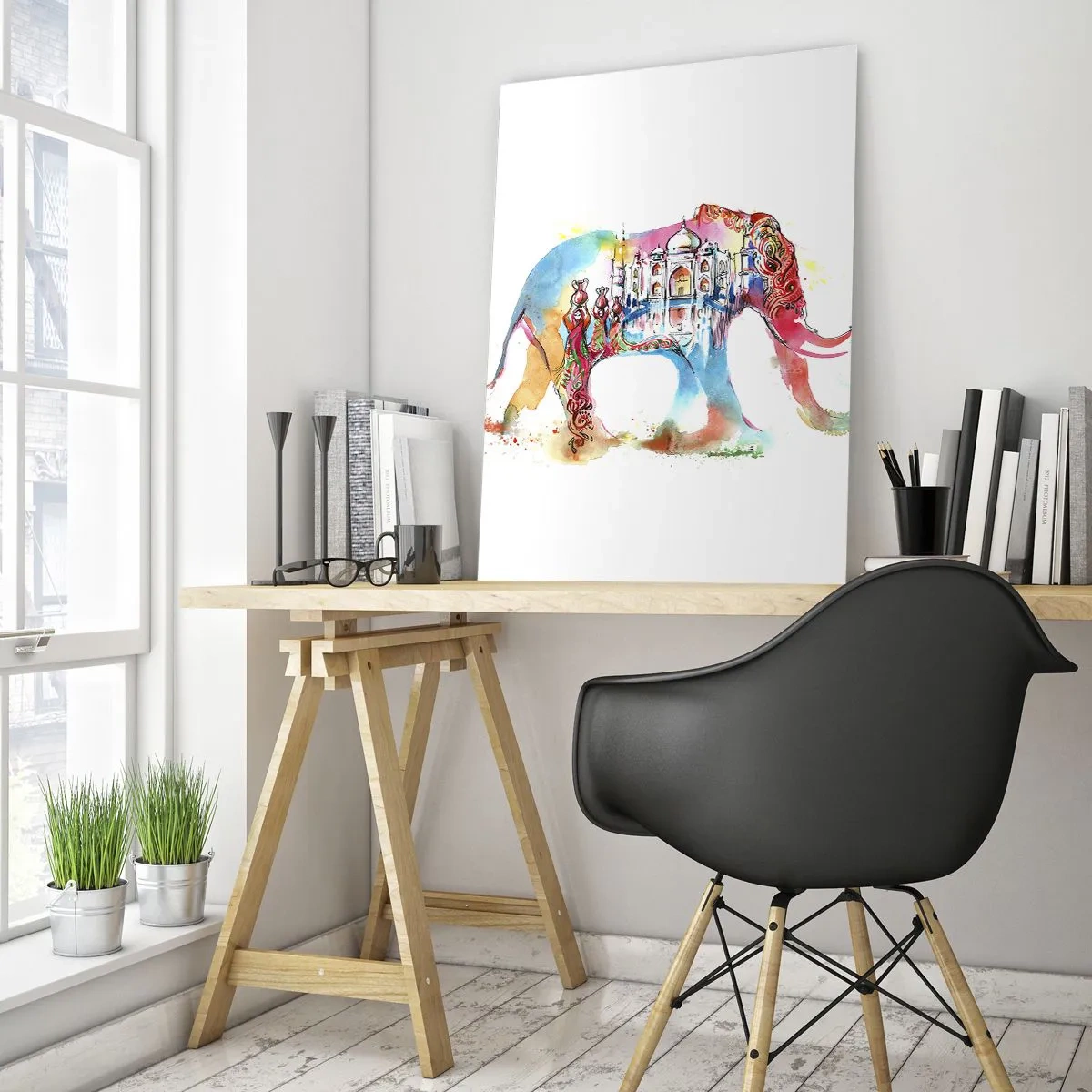 Impression sur verre - Image sur verre - Aquarelle colorée d'un éléphant avec un motif du Taj Mahal - 80x120cm - Inde - l'aura de l'amour - Décoration murale moderne pour le salon et la chambre ARTTOR