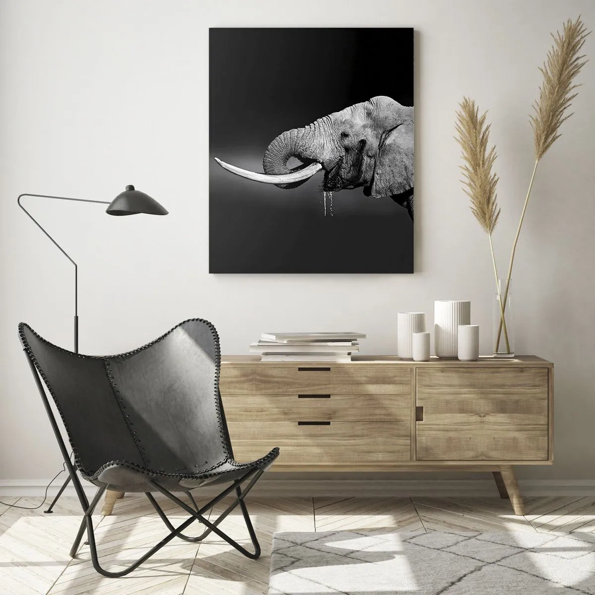 Impression sur verre - Image sur verre - Portrait noir et blanc d'un éléphant avec une trompe - 50x70cm - Oui, c'est bon maintenant - Décoration murale moderne pour le salon et la chambre ARTTOR