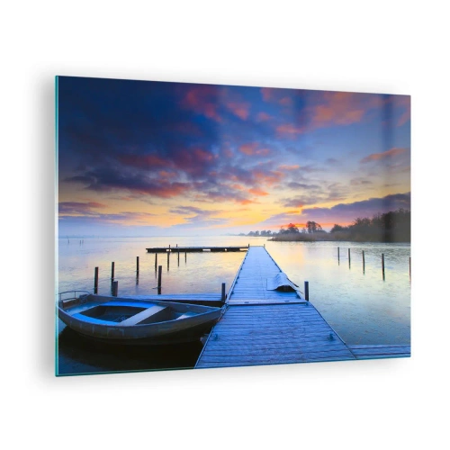 Impression sur verre - Image sur verre - Une jetée sur le lac à l'aube entourée d'une nature paisible - 70x50cm - Calme violet-doré - Décoration murale moderne pour le salon et la chambre ARTTOR