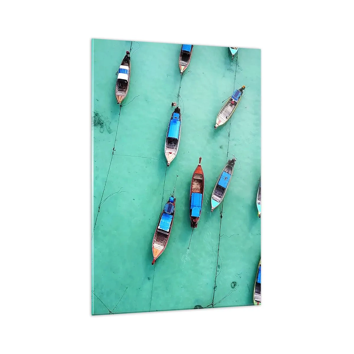 Impression sur verre - Image sur verre - Vue aérienne de bateaux sur une eau turquoise - 70x100cm - Dans une attente jouyeuse - Décoration murale moderne pour le salon et la chambre ARTTOR