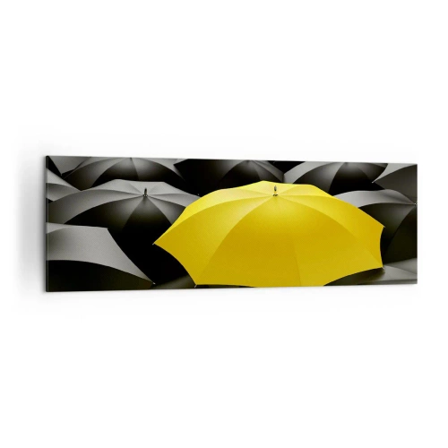 Impression sur toile - Image sur toile - Un parapluie jaune parmi des parapluies noirs - 160x50cm - Adieu chagrin - Décoration murale moderne pour le salon et la chambre ARTTOR