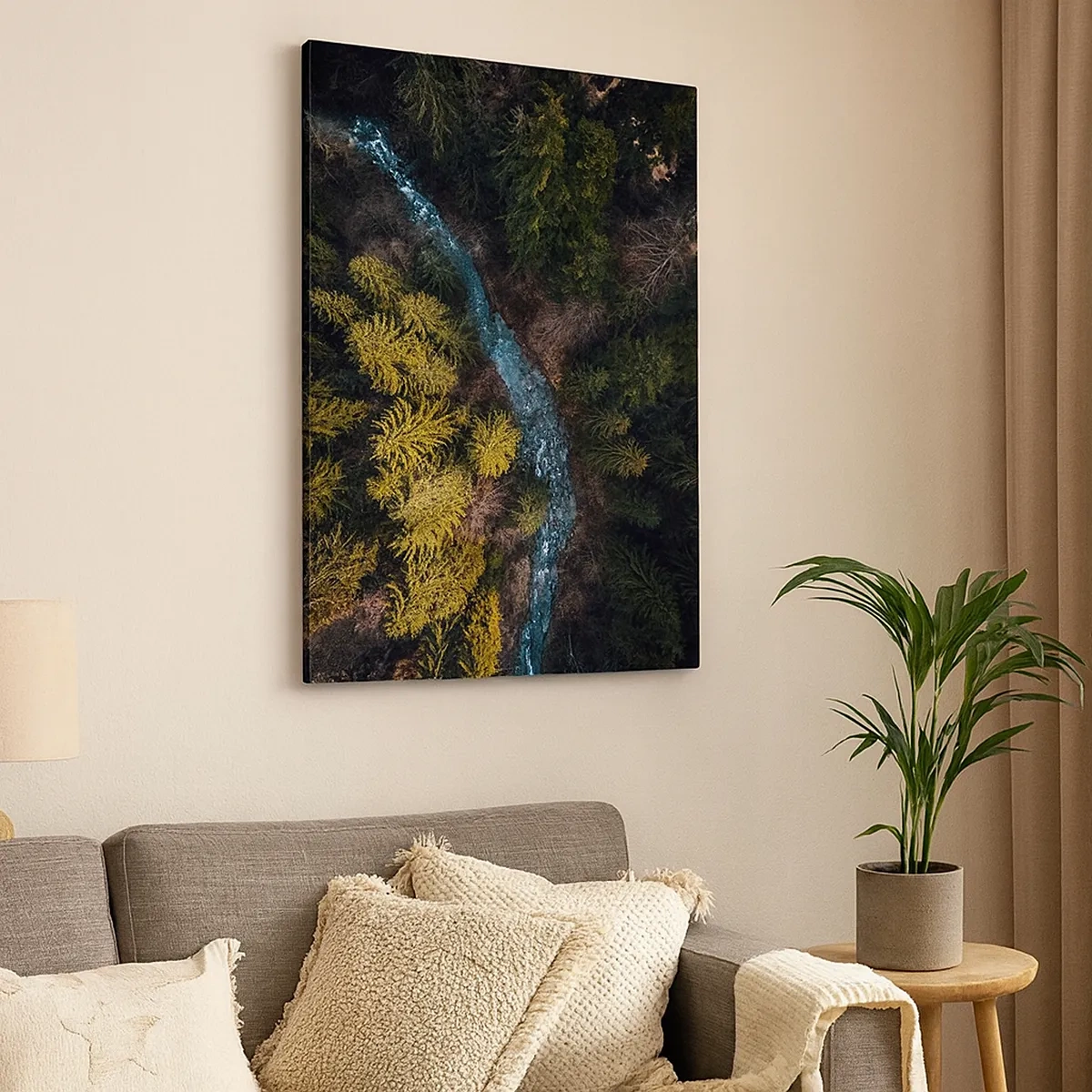Impression sur toile - Image sur toile - Vue d'en haut d'une forêt avec une rivière sinueuse - 50x70cm - De plus en plus vite - Décoration murale moderne pour le salon et la chambre ARTTOR