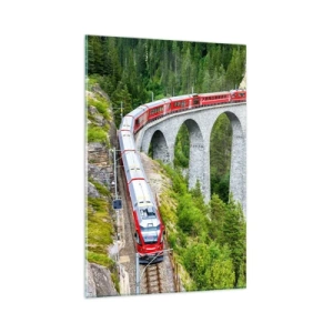 Impression sur verre - Image sur verre - Un train sur un viaduc pittoresque dans un paysage montagneux - 80x120cm - Chemin de fer avec vue sur la montagne - Décoration murale moderne pour le salon et la chambre ARTTOR