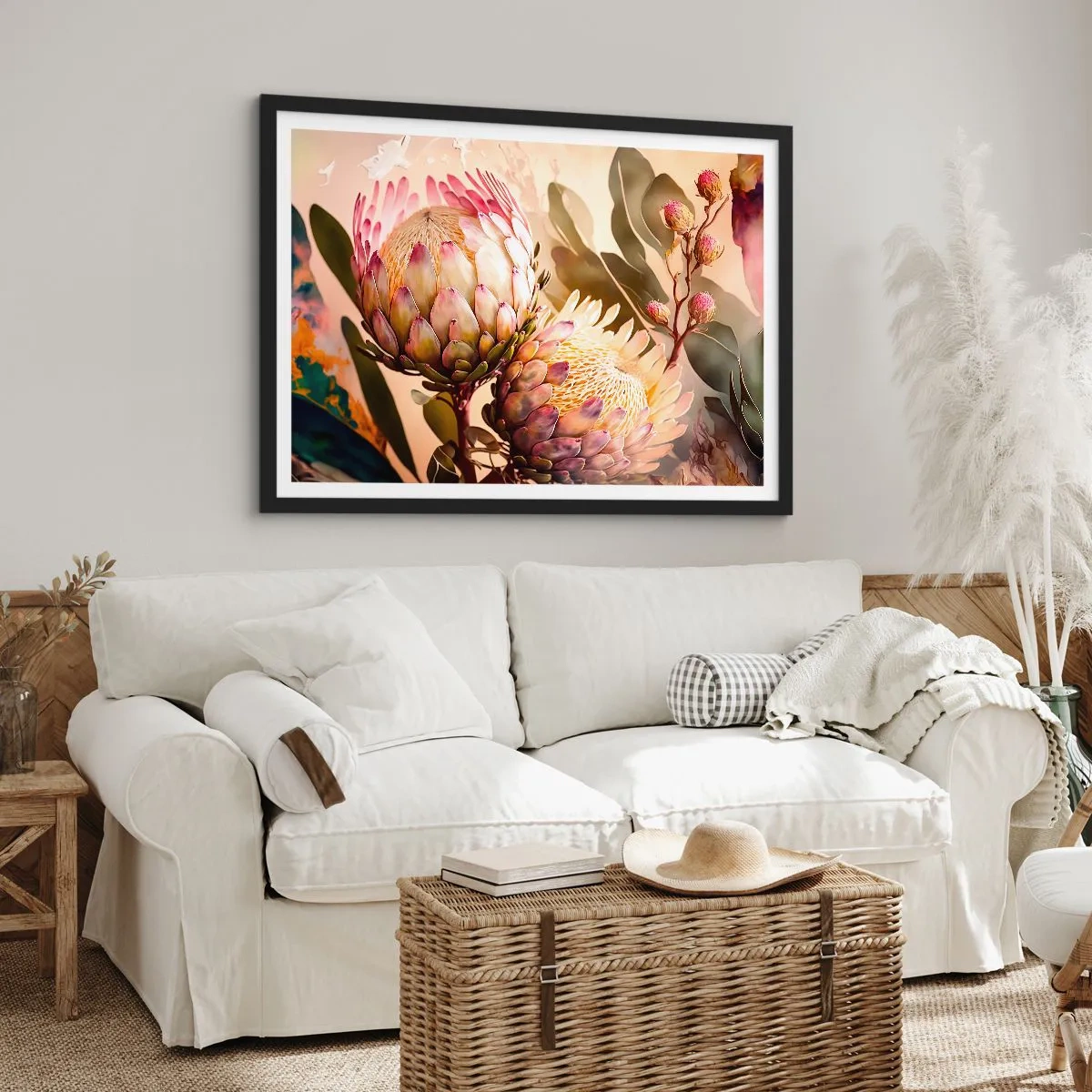 Affiche dans un cadre noir - Poster - Fleurs de protéa colorées sur un fond délicat - 70x50cm - Tendrement embrassé - Décoration murale moderne pour le salon et la chambre ARTTOR