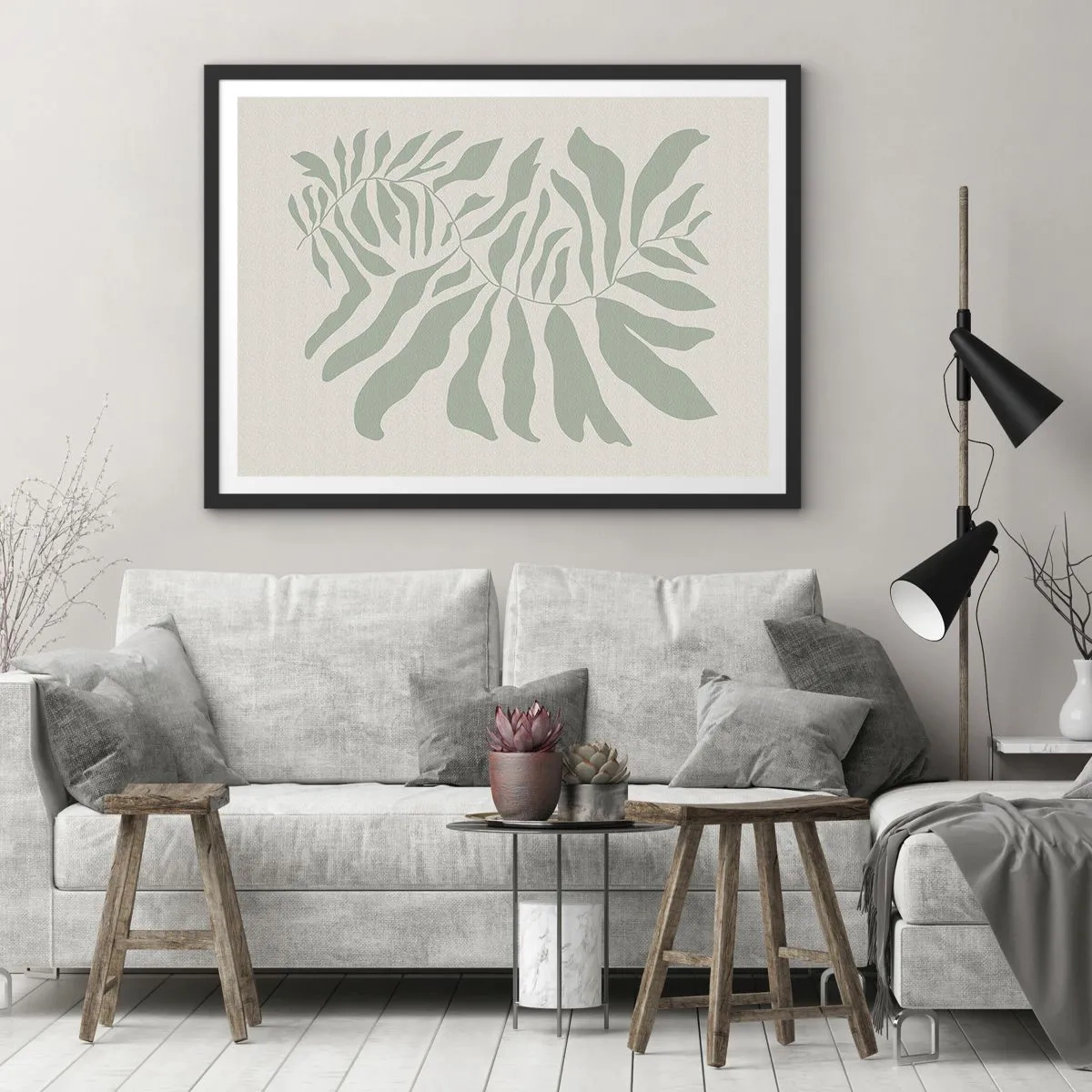 Affiche dans un cadre noir - Poster - Un motif de brindilles délicat avec des feuilles dans une nuance de vert émeraude - 70x50cm - Brindille d'émeraude - Décoration murale moderne pour le salon et la chambre ARTTOR