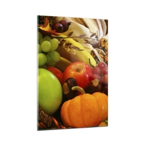 Impression sur verre - Image sur verre - Un panier de fruits, de citrouilles et de maïs sur fond de couleurs d'automne. - 80x120cm - Panier de récolte - Décoration murale moderne pour le salon et la chambre ARTTOR
