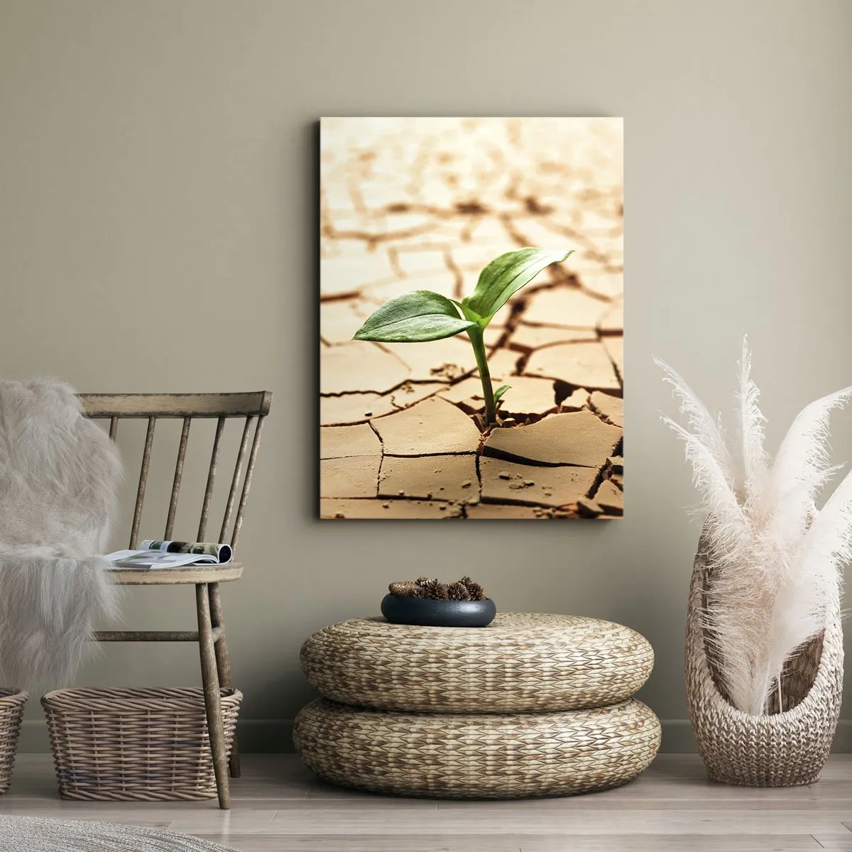 Impression sur toile - Image sur toile - Une plante verte poussant sur une terre sèche et craquelée - 50x70cm - La force indomptable de la vie - Décoration murale moderne pour le salon et la chambre ARTTOR