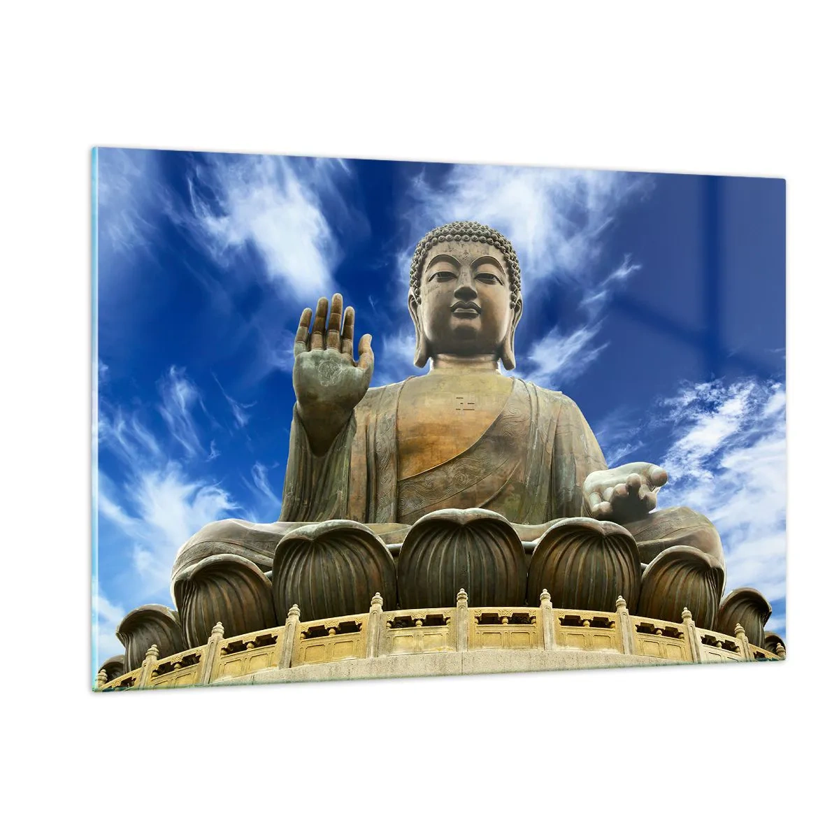 Impression sur verre - Image sur verre - Une grande statue de Bouddha contre un ciel bleu - 120x80cm - Vivre sans peur - Décoration murale moderne pour le salon et la chambre ARTTOR