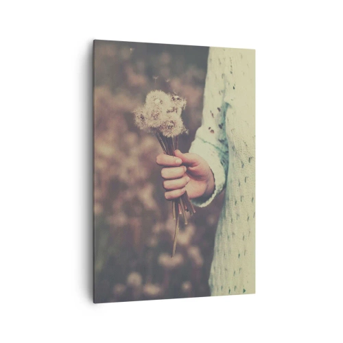 Impression sur toile - Image sur toile - Une main tenant des pissenlits sur un fond flou d'un champ plein de fleurs. - 70x100cm - Merci de les garder - Décoration murale moderne pour le salon et la chambre ARTTOR