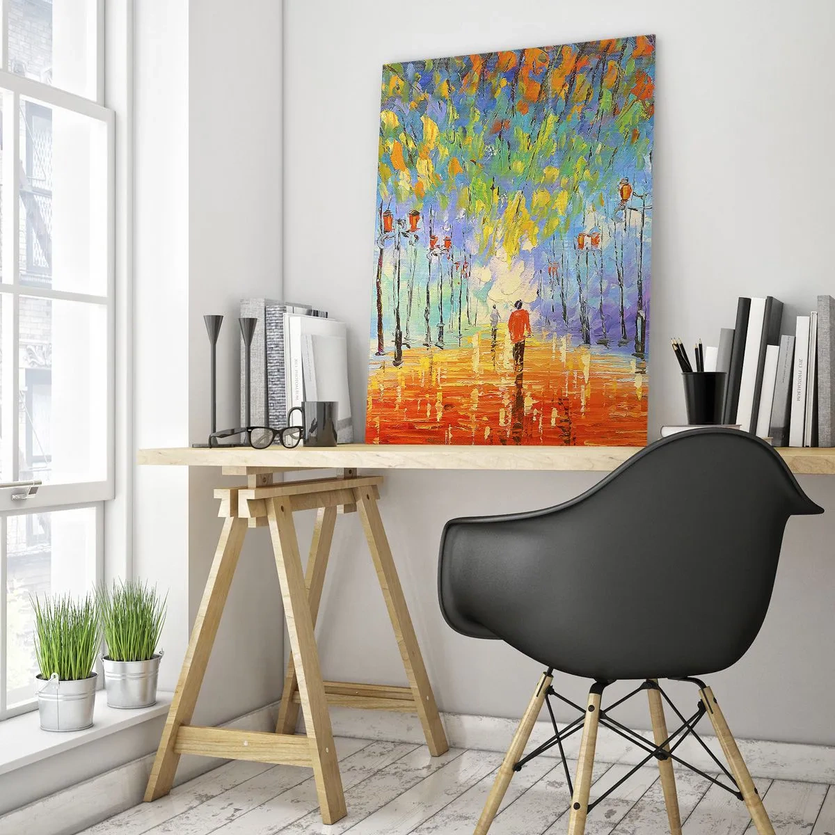 Impression sur verre - Image sur verre - Un parc coloré avec une allée et des lanternes dans un style pictural - 50x70cm - Chant nocturne de la pluie - Décoration murale moderne pour le salon et la chambre ARTTOR