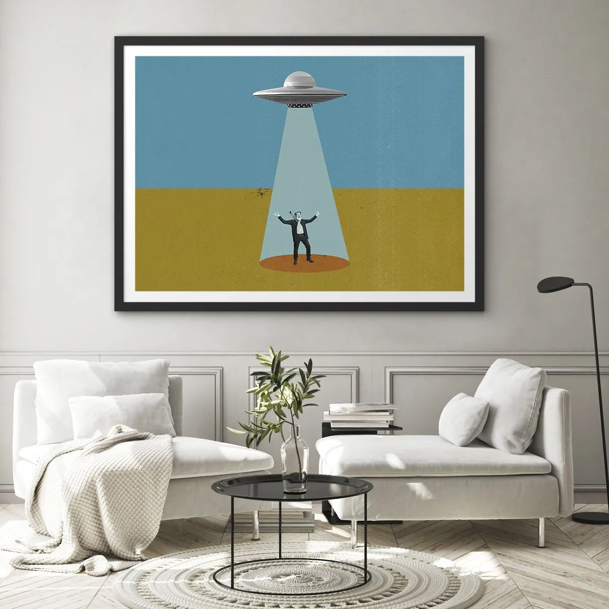 Affiche dans un cadre noir - Poster - Un homme à la lumière d'un OVNI sur fond de paysage coloré - 70x50cm - Rencontre proche - Décoration murale moderne pour le salon et la chambre ARTTOR