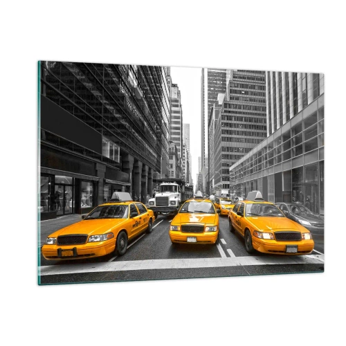 Impression sur verre - Image sur verre - Taxis jaunes dans les rues de New York - 120x80cm - C'est nous qui colorons la ville - Décoration murale moderne pour le salon et la chambre ARTTOR
