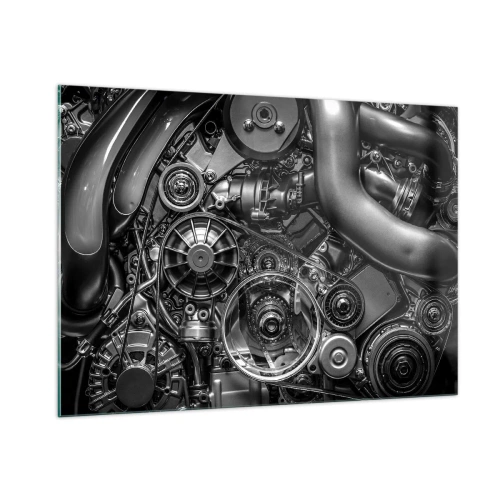Impression sur verre - Image sur verre - Détail d'un moteur noir et blanc avec mécanismes visibles - 100x70cm - Poésie mécanique - Décoration murale moderne pour le salon et la chambre ARTTOR
