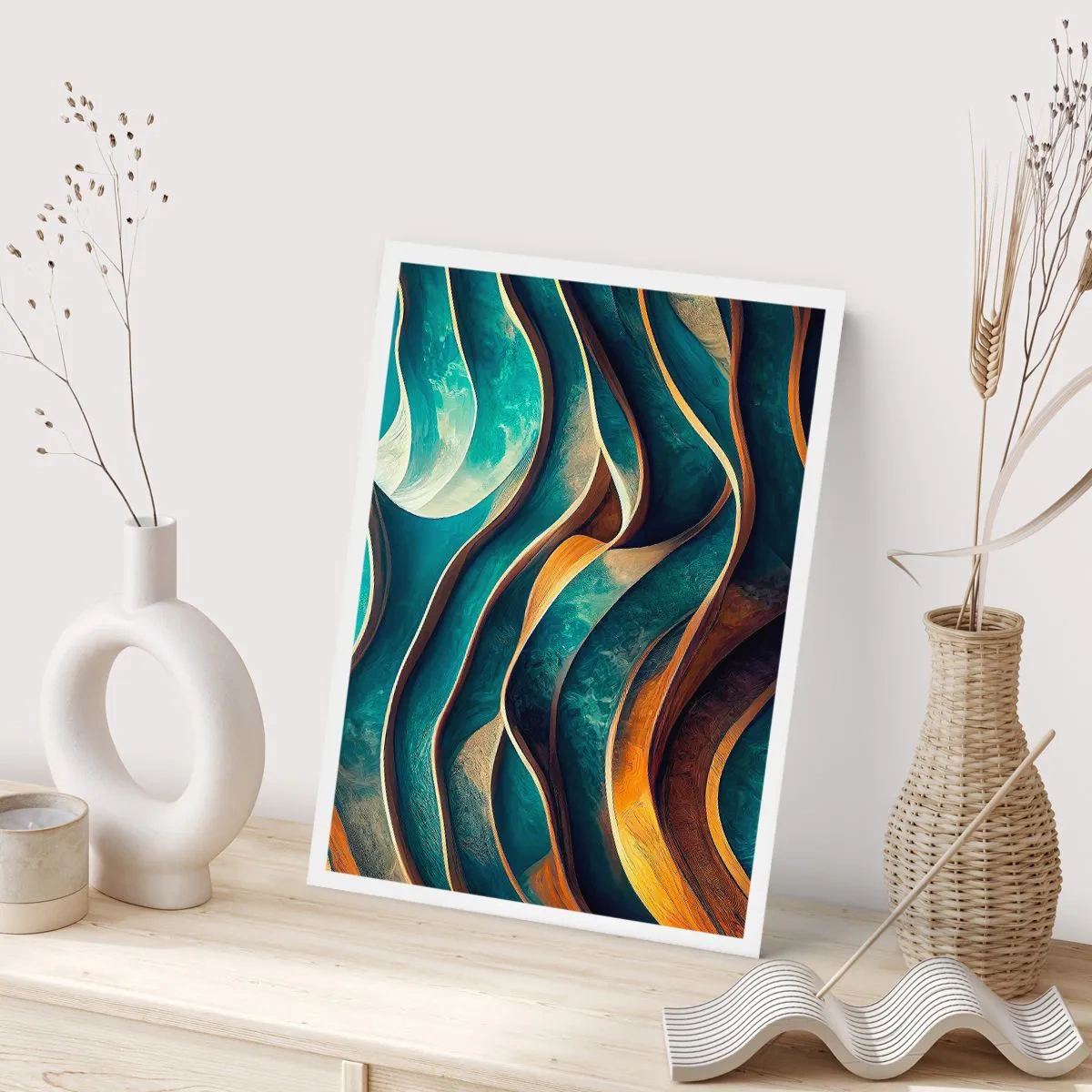 Affiche - Poster - Une composition abstraite de formes ondulées dans des tons turquoise. - 50x70cm - Méandres de bleu - Décoration murale moderne pour le salon et la chambre ARTTOR