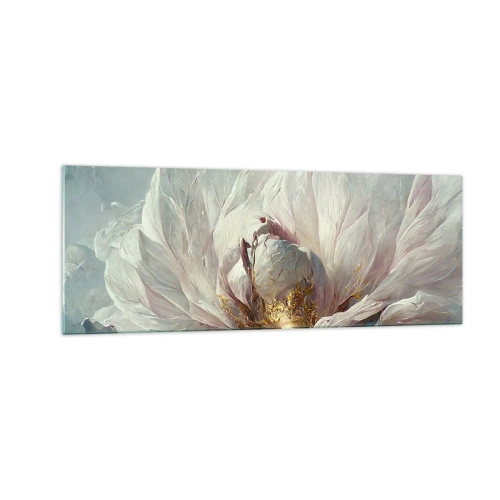 Impression sur verre - Image sur verre - Une fleur blanche délicate avec de subtils accents dorés - 140x50cm - Il fleurit une fois tous les cent ans - Décoration murale moderne pour le salon et la chambre ARTTOR