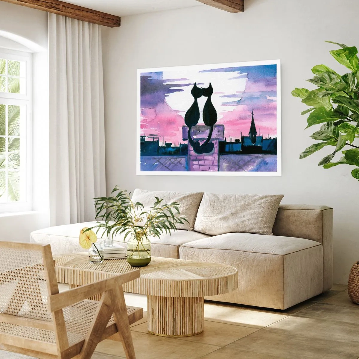 Affiche - Poster - Chats noirs sur un toit au clair de lune dans un décor aquarelle - 100x70cm - Rendez-vous sous la lune - Décoration murale moderne pour le salon et la chambre ARTTOR