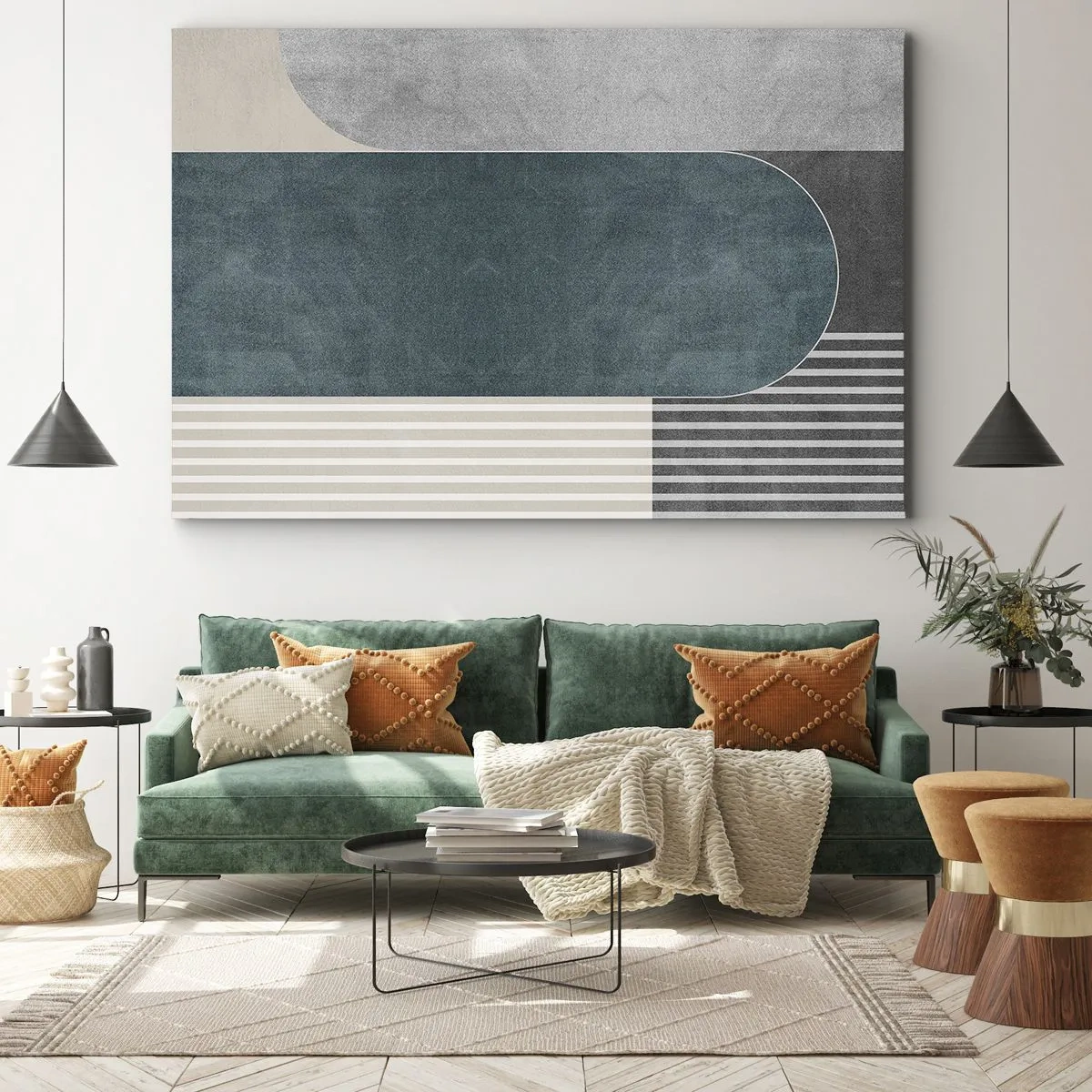 Impression sur toile - Image sur toile - Abstraction géométrique dans les tons de gris et de vert - 70x50cm - Composition de niveaux - Décoration murale moderne pour le salon et la chambre ARTTOR