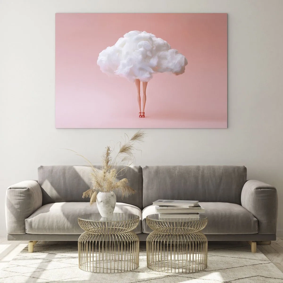 Impression sur verre - Image sur verre - Une silhouette de femme avec un nuage au lieu d'une robe sur un fond rose pastel. - 120x80cm - Douce promesse - Décoration murale moderne pour le salon et la chambre ARTTOR