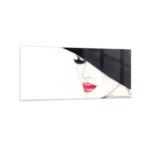 Impression sur verre - Image sur verre - Une illustration subtile d'une femme portant un chapeau noir et des lèvres rouges - 120x50cm - Élégance et sensualité - Décoration murale moderne pour le salon et la chambre ARTTOR