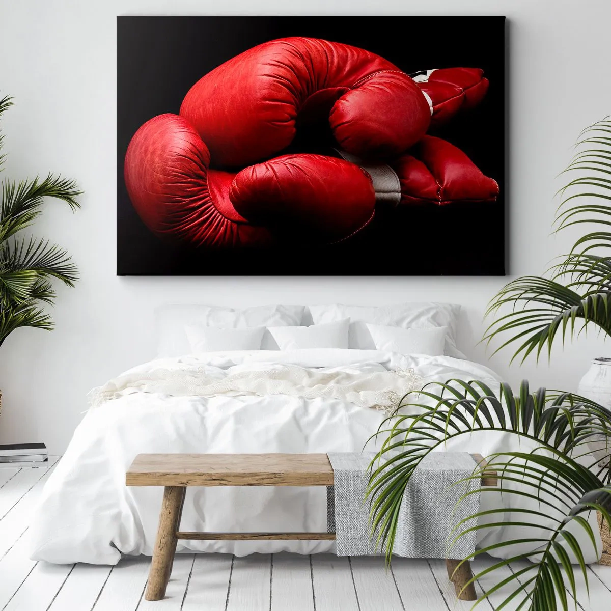Impression sur toile - Image sur toile - Gants de boxe rouges sur fond noir - 100x70cm - Les émotions du combat sont derrière nous - Décoration murale moderne pour le salon et la chambre ARTTOR