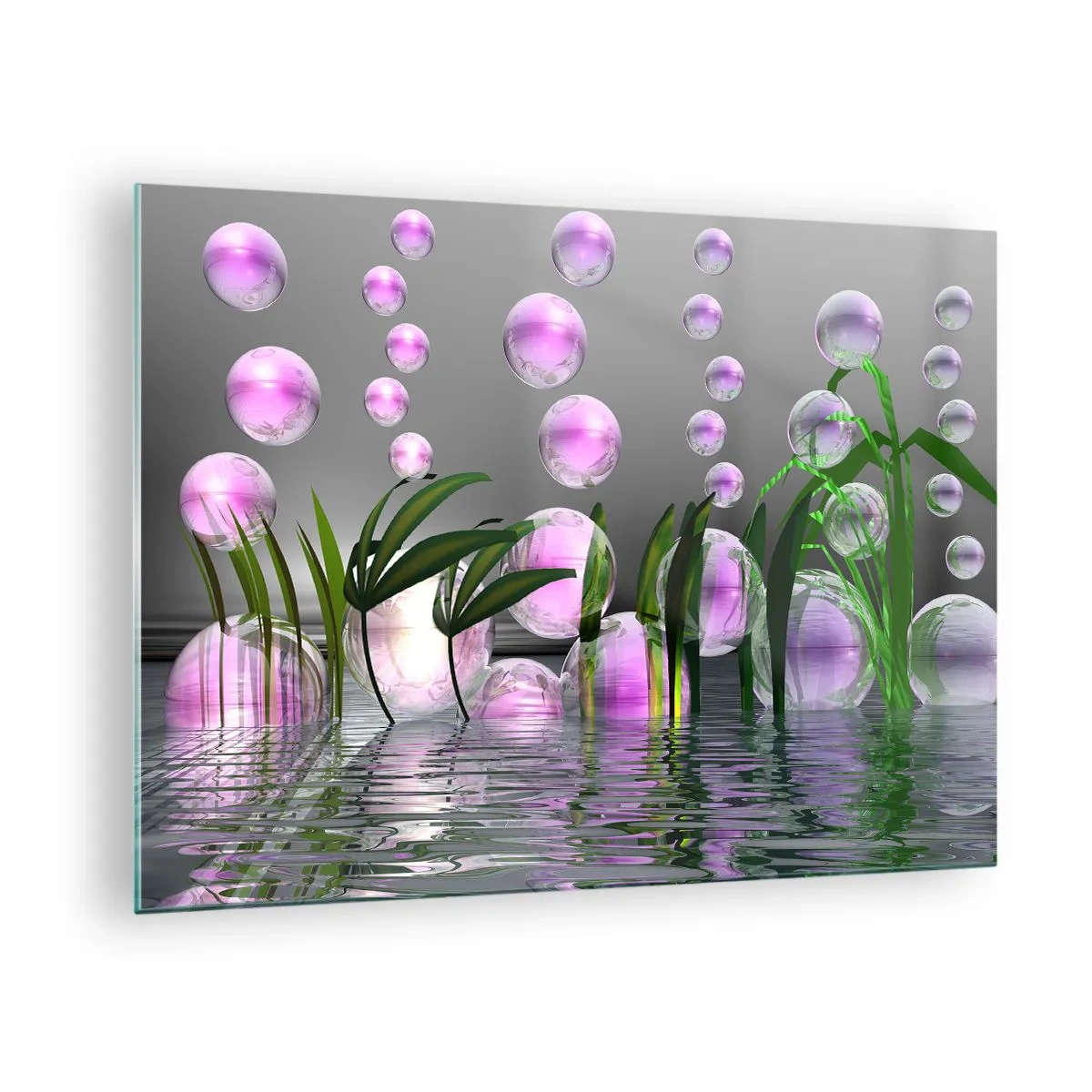 Impression sur verre - Image sur verre - Bulles violettes flottant au-dessus de l'eau avec des plantes - 70x50cm - Une composition réfléchissante de légèreté et de vie - Décoration murale moderne pour le salon et la chambre ARTTOR